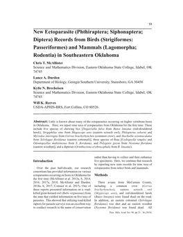 Phthiraptera; Siphonaptera; Diptera) Records from Birds (Strigiformes: Passeriformes) and Mammals (Lagomorpha; Rodentia) in Southeastern Oklahoma Chris T