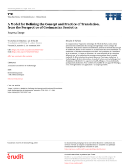 A Model for Defining the Concept and Practice of Translation, from the Perspective of Greimassian Semiotics Rovena Troqe