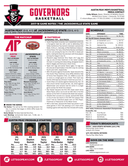 AUSTIN PEAY (9-8, 4-1) at JACKSONVILLE STATE (13-5, 4-1) SCHEDULE JAN