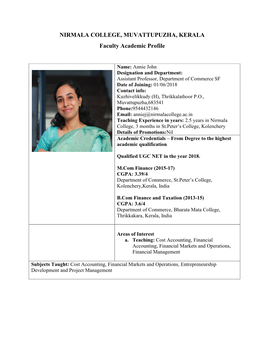 NIRMALA COLLEGE, MUVATTUPUZHA, KERALA Faculty Academic Profile