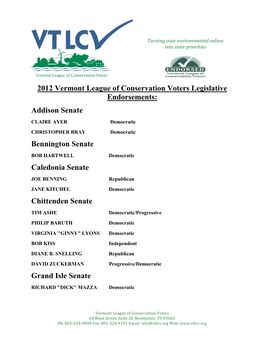 2012 VTLCV Legislative Endorsements