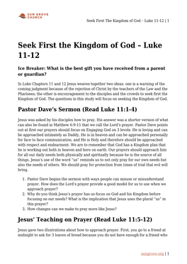 Seek First the Kingdom of God – Luke 11-12