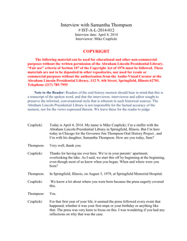 Interview with Samantha Thompson # IST-A-L-2014-012 Interview Date: April 4, 2014 Interviewer: Mike Czaplicki