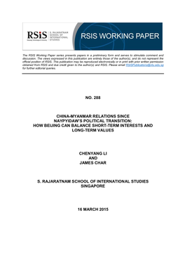 China-Myanmar Relations Since Naypyidaw's Political Transition