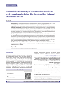 Antiurolithiatic Activity of Abelmoschus Moschatus Seed Extracts Against Zinc Disc Implantation-Induced Urolithiasis in Rats