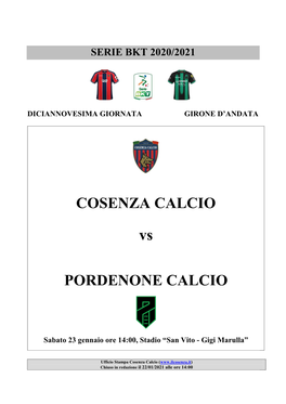 COSENZA CALCIO Vs PORDENONE CALCIO