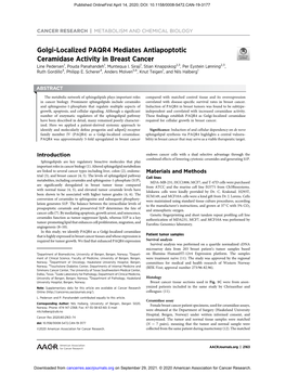 Golgi-Localized PAQR4 Mediates Antiapoptotic Ceramidase Activity in Breast Cancer Line Pedersen1, Pouda Panahandeh1, Muntequa I