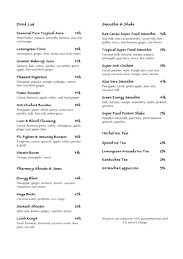 Drink List Pharmacy Shoots & Jamu Smoothie & Shake Herbal Ice Tea