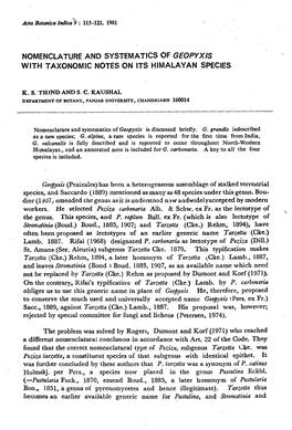 Pezizales) Has Been a Heterogeneous Assemblage of Stalked Terrestrial Species, and Saccardo (1889) Mentioned As Many As 48 Species Under This Genus