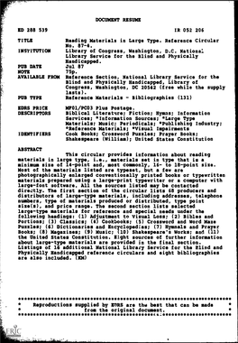 TITLE Reading Materials in Large Type. Reference Circular No. 87-4. INSTITUTION Library of Congress, Washington, DC National Library Service for the Blind and Physically Handicapped