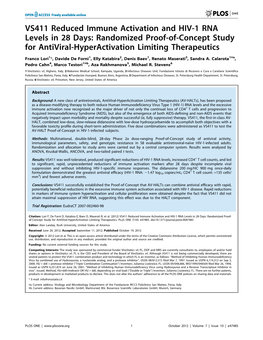 VS411 Reduced Immune Activation and HIV-1 RNA Levels in 28 Days: Randomized Proof-Of-Concept Study for Antiviral-Hyperactivation Limiting Therapeutics