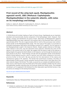 First Record of the Whip-Lash Squid, Mastigoteuthis Agassizii Verrill, 1881 (Mollusca: Cephalopoda: Mastigoteuthidae) in The