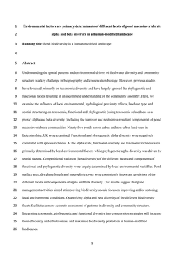 1 Environmental Factors Are Primary Determinants of Different Facets of Pond Macroinvertebrate