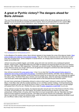 Democratic Audit: a Great Or Pyrrhic Victory? the Dangers Ahead for Boris Johnson Page 1 of 3