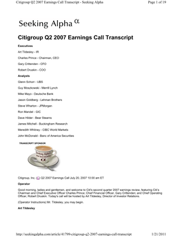 Citigroup Q2 2007 Earnings Call Transcript - Seeking Alpha Page 1 of 19