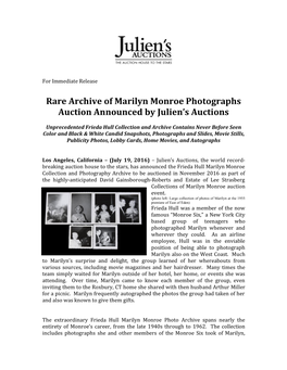 Rare Archive of Marilyn Monroe Photographs Auction Announced by Julien’S Auctions