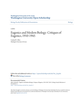 Eugenics and Modern Biology: Critiques of Eugenics, 1910-1945 Garland E