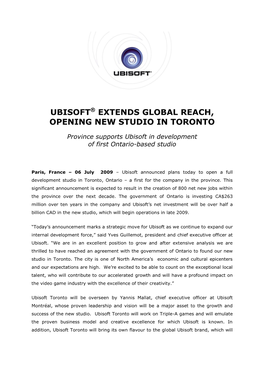 Ubisoft® Extends Global Reach, Opening New Studio in Toronto