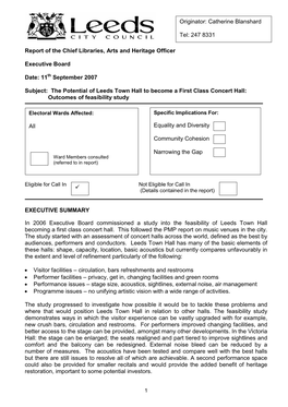 The Potential of Leeds Town Hall to Become a First Class Concert Hall: Outcomes of Feasibility Study