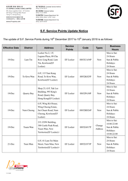 S.F. Service Points Update Notice