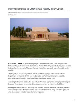 Hollyhock House to Offer Virtual Reality Tour Option