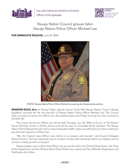 Navajo Nation Council Grieves Fallen Navajo Nation Police Officer Michael Lee