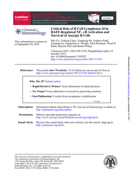 Survival of Anergic B Cells B Activation and Κ BAFF-Regulated NF