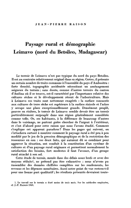 Paysage Rural Et Démographie Leimavo (Nord Du Betsileo, Madagascar)