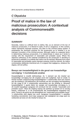 Proof of Malice in the Law of Malicious Prosecution: a Contextual Analysis of Commonwealth Decisions