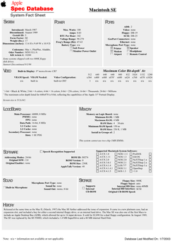 Macintosh SESE System Fact Sheet SYSTEM POWER PORTS ADB: 2 Introduced: March 1987 Max