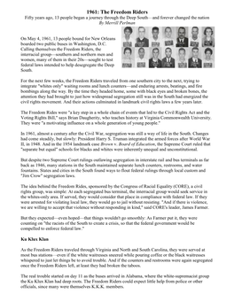 1961: the Freedom Riders Fifty Years Ago, 13 People Began a Journey Through the Deep South—And Forever Changed the Nation by Merrill Perlman