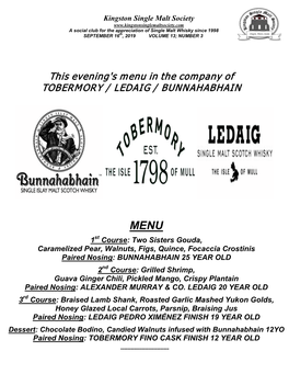 This Evening's Menu in the Company of TOBERMORY / LEDAIG / BUNNAHABHAIN