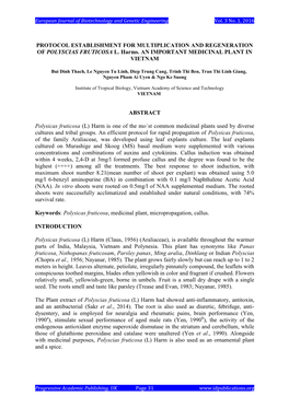 Protocol Establishment for Multiplication and Regeneration of Polyscias Fruticosa L