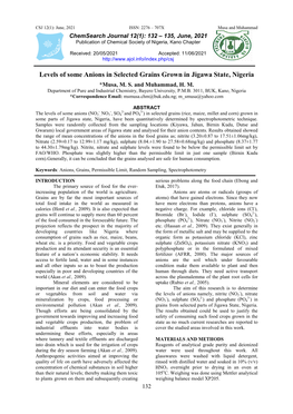 Levels of Some Anions in Selected Grains Grown in Jigawa State, Nigeria