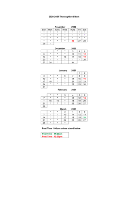 2020-2021 Thoroughbred Meet November 2020 Sun Mon Tues