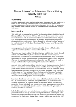 The Evolution of the Ashmolean Natural History Society 1880-1901 M