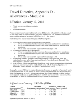 Travel Directive, Appendix D - Allowances - Module 4 Effective - January 19, 2018