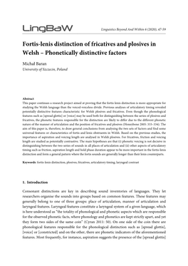 Fortis-Lenis Distinction of Fricatives and Plosives in Welsh – Phonetically Distinctive Factors