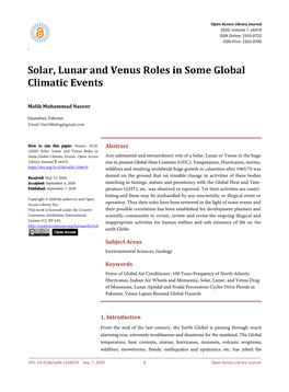 Solar, Lunar and Venus Roles in Some Global Climatic Events