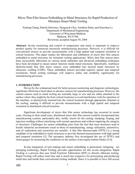 Micro Thin Film Sensor Embedding in Metal Structures for Rapid Production of Miniature Smart Metal Tooling