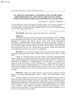 On a Recent Pioneering Taxonomic Study of the Fishes from Rivers Diyung, Vomvadung, Khualzangvadung, Tuikoi and Mahur in Dima Hasao District of Assam (India)