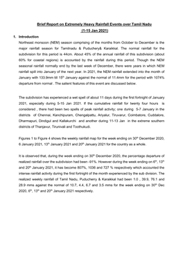 Brief Report on Extremely Heavy Rainfall Events Over Tamil Nadu (1-15 Jan 2021) 1