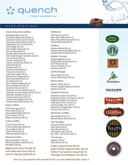 Quench Keurig Coffee Brewer Coffee Menu