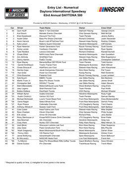 Entry List - Numerical Daytona International Speedway 63Rd Annual DAYTONA 500