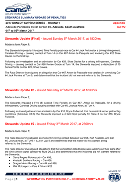 Stewards Update (Final) - Issued Sunday 5Th March 2017, at 1830Hrs