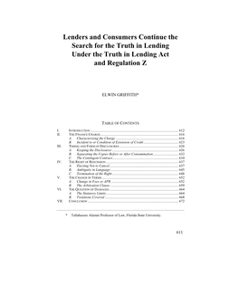 Lenders and Consumers Continue the Search for the Truth in Lending Under the Truth in Lending Act and Regulation Z