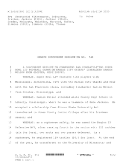 MISSISSIPPI LEGISLATURE REGULAR SESSION 2020 By: Senator(S) Witherspoon, Sojourner, Frazier, Jackson (11Th), Jackson (32N