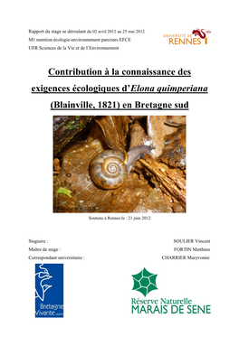 Contribution À La Connaissance Des Exigences Écologiques D’Elona Quimperiana (Blainville, 1821) En Bretagne Sud