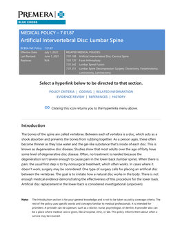 7.01.87 Artificial Intervertebral Disc: Lumbar Spine