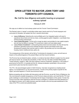 Open Letter to Mayor John Tory and Toronto City Council